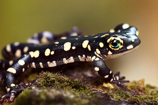 Salamandra dagli occhi verdi con la pelle viola che guarda la natura nella foresta