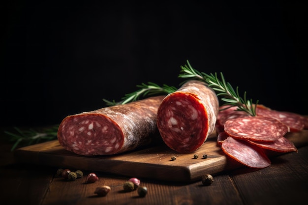 Salame affettato sulla tavola di legno