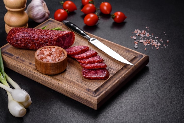 Salame affumicato con aglio rosmarino e pomodori su tagliere di legno