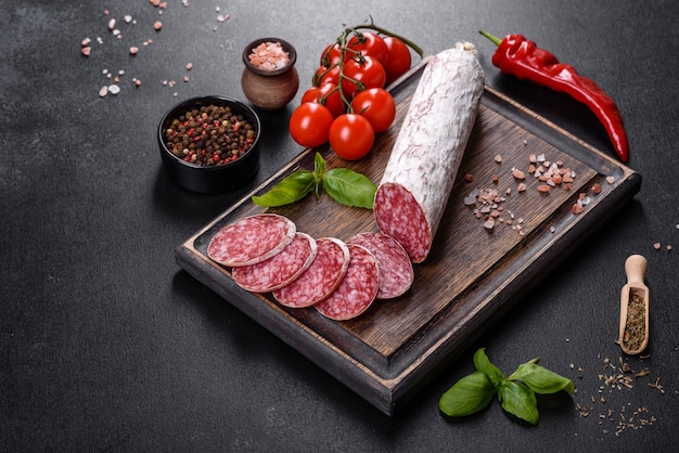 Salame di salsiccia secca spagnola su fondo di cemento scuro. Preparazione di buonissimi panini freschi