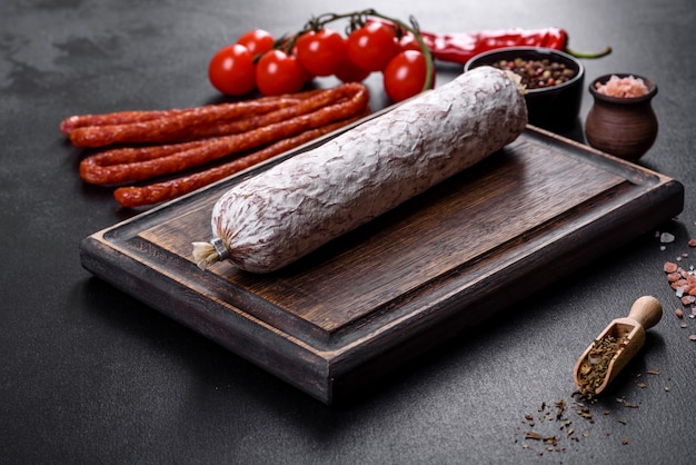 Salame di salsiccia secca spagnola su fondo di cemento scuro. Preparazione di buonissimi panini freschi