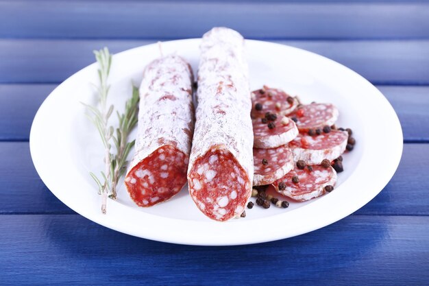 Salame francese sul piatto su fondo di legno blu scuro