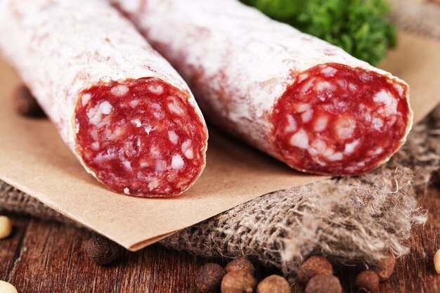 Salame italiano su fondo di legno