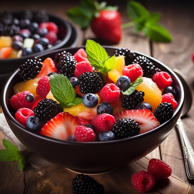 Salata di frutta gourmet sana con bacche biologiche generative