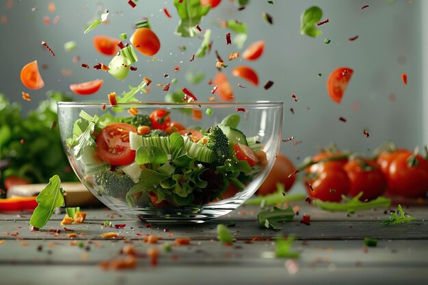 Salata di verdura a dieta Miscelato fresco che cade in una ciotola