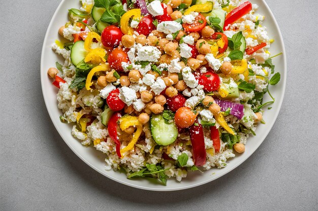 Salata sana a basso contenuto di carboidrati con cavoli, riso, verdure fresche, formaggio feta e ceci