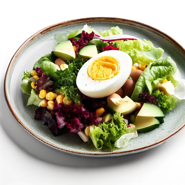 Salata sana con uova su un piatto sullo sfondo bianco