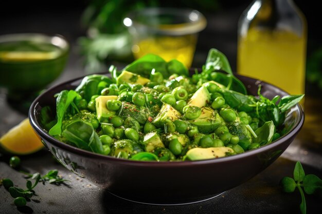 Salata verde vegana sana con avocado, piselli verdi e spinaci in ciotola