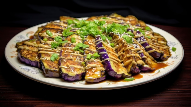 Salate salate di melanzane alla griglia spruzzate di ricca glassa di soia e cilantro fresco su un piatto di lavanda