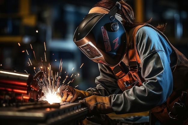 Saldatrice in officina impegnata con la lavorazione dei metalli e il casco per saldatura AI