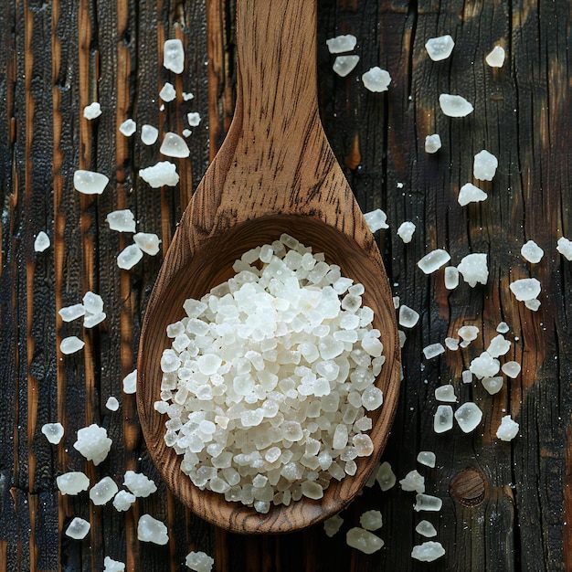 Sale marino bianco su un cucchiaio di legno su uno sfondo di legno scuro visto dall'alto crea spazio per te