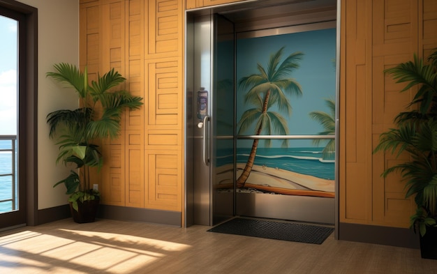 Salire in ascensore con l'atmosfera da spiaggia e l'intelligenza artificiale generativa delle tavole da surf