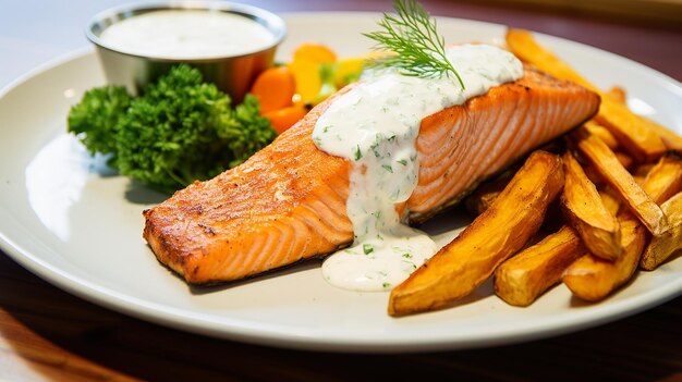 Salmone al forno con patate dolci fritte e yogurt