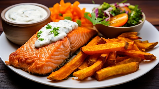 Salmone al forno con patate dolci fritte e yogurt