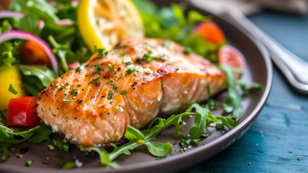 Salmone al forno o fritto e insalata Paleo keto fodmap dieta generativa Ai