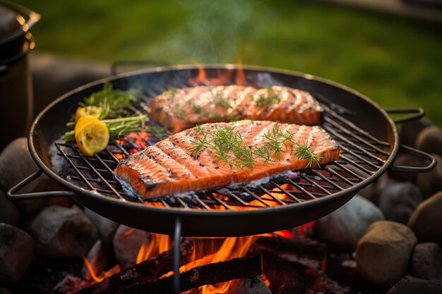 Salmone alla griglia alla griglia con fiamme