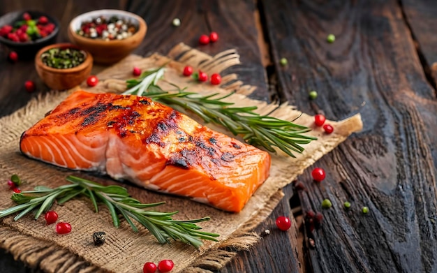 Salmone alla griglia Cibo sano Piatto di pesce caldo Salmone fresco e succoso al griglio aromatizzato con spezie