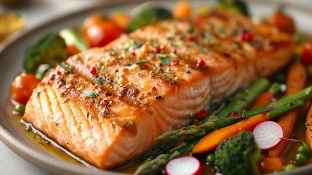 Salmone alla griglia con asparagi, broccoli, carote e pomodori cherry