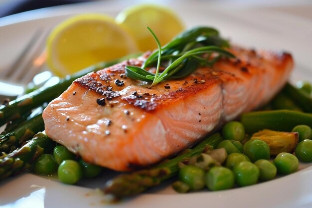 Salmone alla griglia con asparagi e piselli.