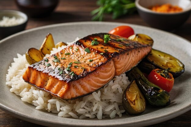 Salmone alla griglia con verdure arrostite e riso