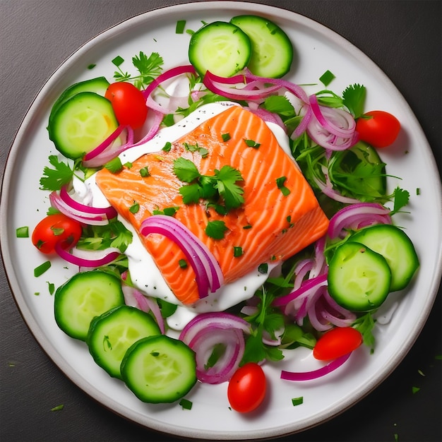 Salmone con cipolla rossa di cetrioli e insalata di coriandolo con un sacco di yogurt in cima su un piatto su un Platf