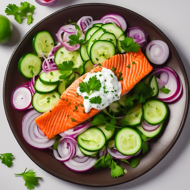 Salmone con cipolla rossa di cetrioli e insalata di coriandolo con un sacco di yogurt in cima su un piatto su un Platf