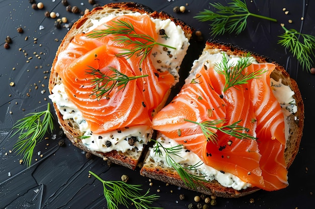 Salmone con formaggio a crema su pane tostato con aneto su uno sfondo nero generato dall'AI