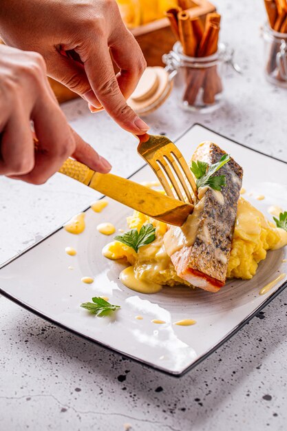 Salmone con purè di patate e salsa