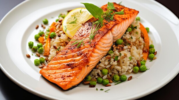 Salmone con riso e piselli sul piatto