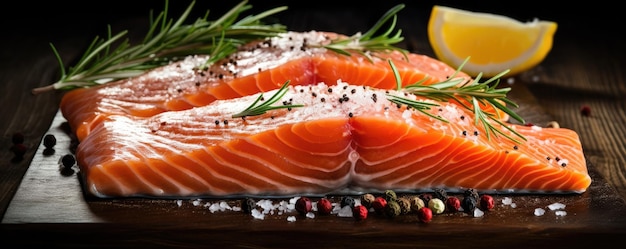 Salmone crudo su un piatto su tavola di legno in un ristorante Seafood Generative ai