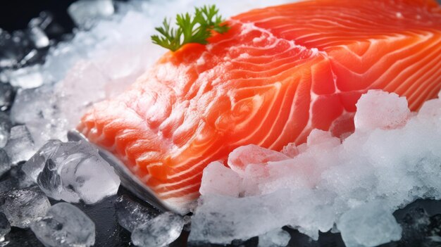 Salmone crudo sul ghiaccio filetto di pesce fresco da vicino