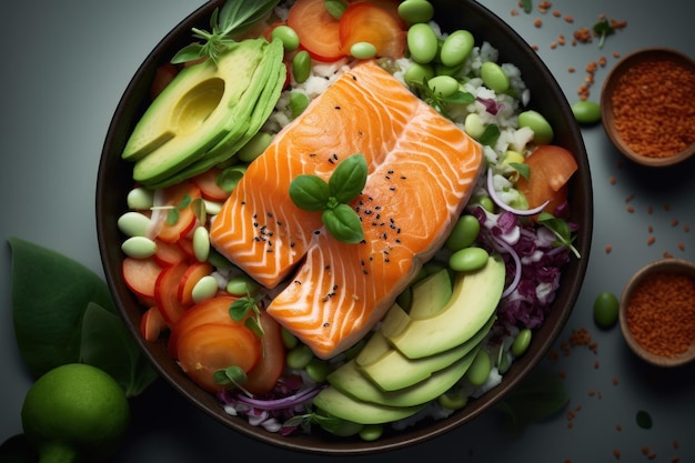 Salmone e verdure in una ciotola serviti a pranzo come pasto salutareLe fette di pomodoro crudo aggiungono freschezza a questa insalata di mare gourmet Ai generative