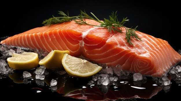 Salmone fresco con fette di limone su tavolo di legno nero e sfondo sfocato