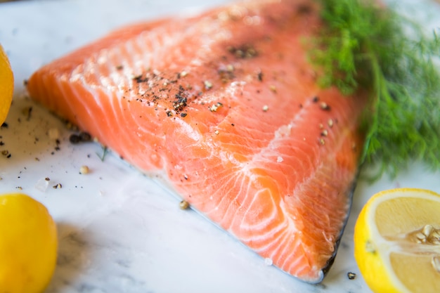 Salmone fresco con idea di ricetta di fotografia di aneto cibo