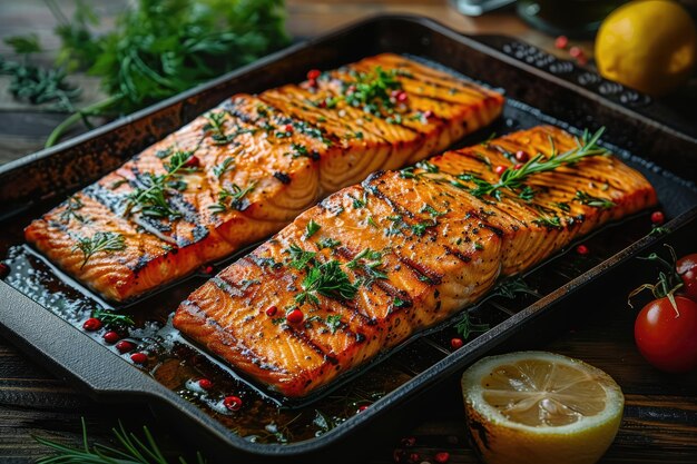 salmone grigliato su una griglia fotografia alimentare pubblicitaria professionale