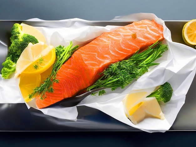 Salmone in Papillote con verdure in modalità di presentazione restauro dello sfondo