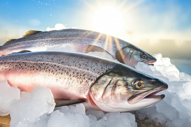 Salmone o trota freschi su ghiaccio pronti per la cottura Pesce fresco refrigerato