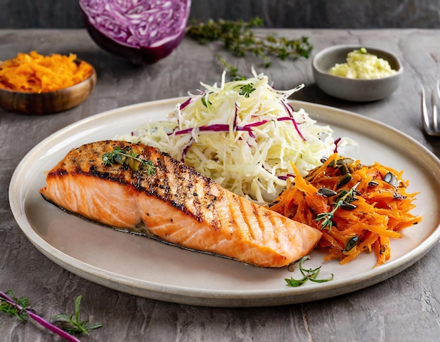 salmone su un piatto con slaw