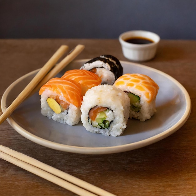 salmone sushi in un piatto con le bacchette