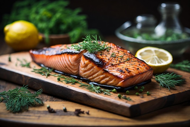 salmone verdure erbe piatto cibo sfondo scuro