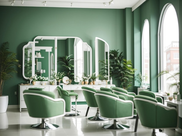 Salone di bellezza verde con file di poltrone e design minimalista