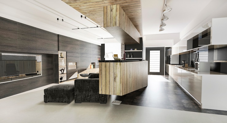 Foto salone e sala da pranzo moderni di legno della rappresentazione 3d