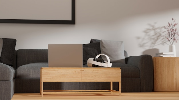 Salone moderno interno comodo divano tavolo in legno laptop vr occhiali poster mockup 3d rendering