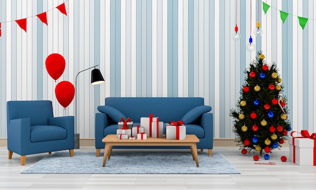 Salone moderno interno di Natale con un albero di Natale. Rendering 3D