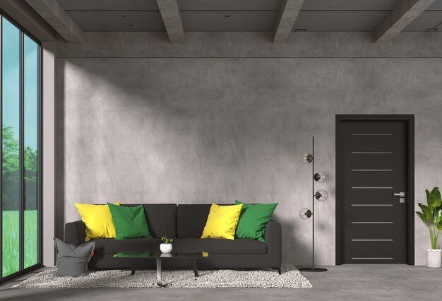 Salone moderno interno e paesaggio verde in finestra. Rendering 3D