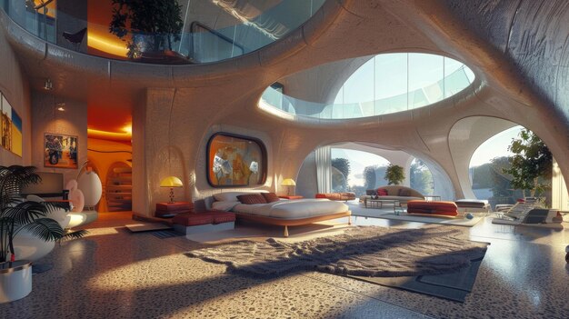 Salotto aperto futuristico e contemporaneo con design architettonico organico curvo