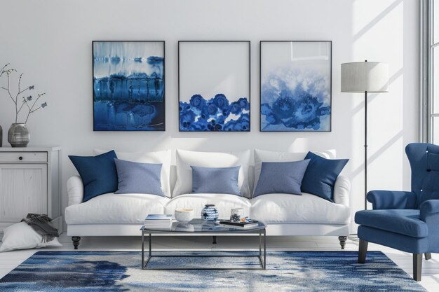 Salotto bianco e blu con manifesti di lampade per divani e poltrone