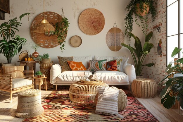 Salotto bohochic con mobili in rattan