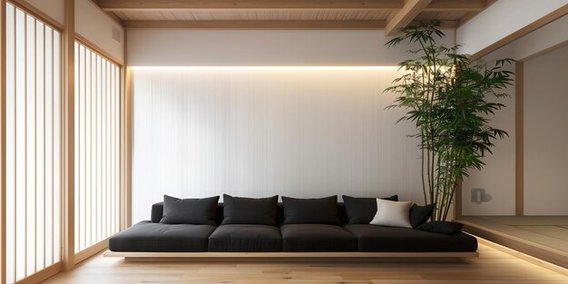 Salotto con pavimento di legno duro di pianta di bambù a divano nero