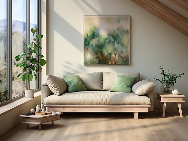 Salotto con pavimento in legno minimalista con divano e piccole piante verdi